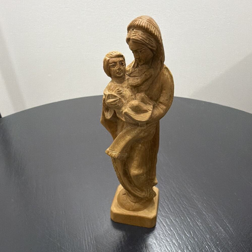 Virgin Mary Wood Hand Carved Figurine Statue Holding Child Christian